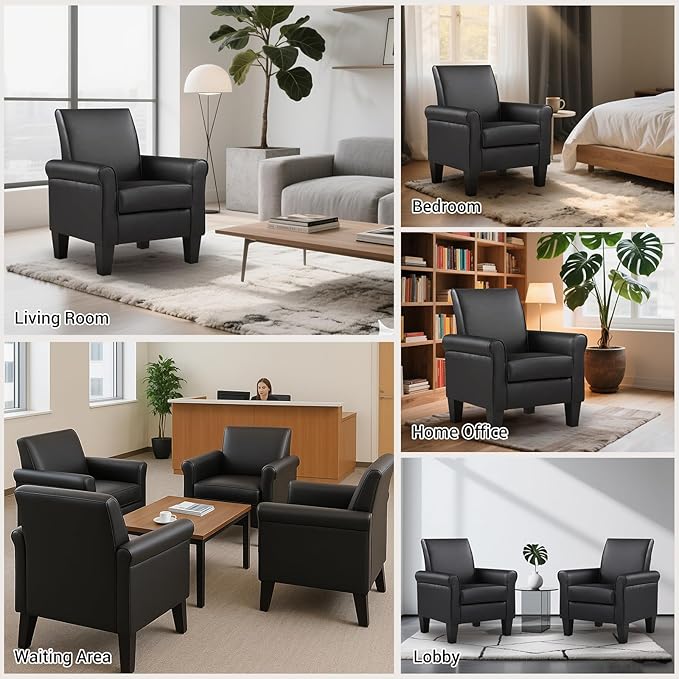 Lohoms Modern Faux Leather Accent Chair Upholstered Living Room Armchairs Comfy Single Sofa Chair for Bedroom Waiting Room-Black