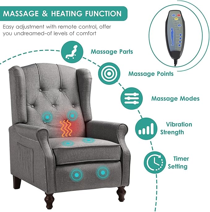 SAMERY Wingback Recliner Chair with Massage and Heat Accent Chair Push Back Recliner Tufted Arm Chair for Living Room Bedroom Reading Lounge Sofa Seat with Remote Control Adjustable Backrest