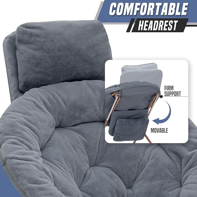 Round Comfy Saucer Chair with Headrest Large Cozy Metal Frame Cozy Lounge Lazy Chair Folding Faux Fur Saucer Chair for Adults Foldable Papasan Moon Chair