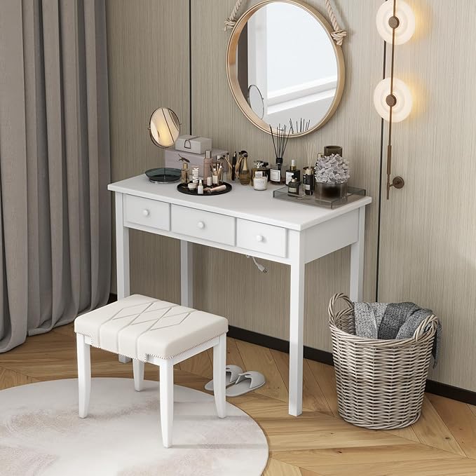 White Writing Desk with Hutch and Drawers 36 Inch Home Office Desk with Charge Station Computer Work Station with Storage Shelf