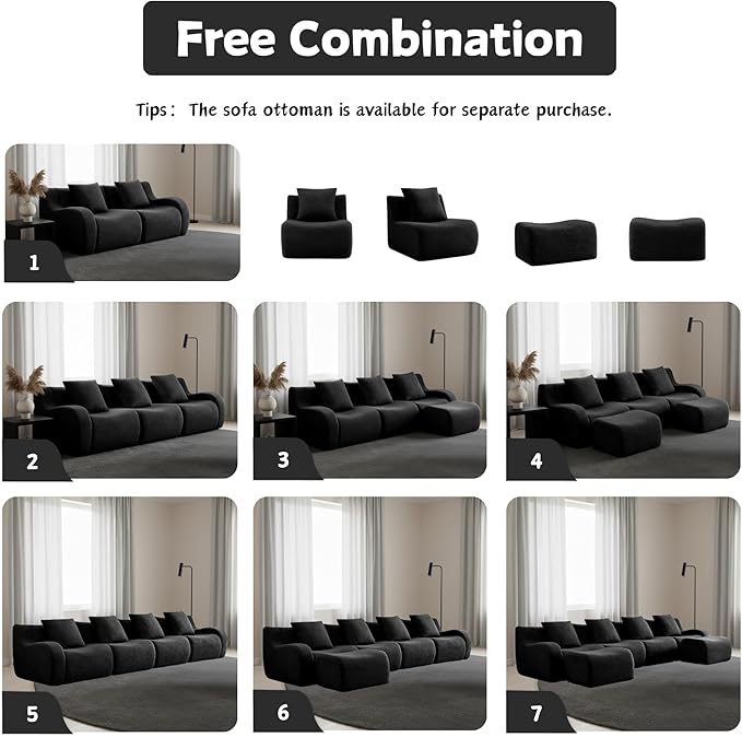 115 Modular Boneless Sectional Sofa Boneless Couch for Living Room and Apartments 32D High Density Sponge No Assembly Required (3 Seater) Black