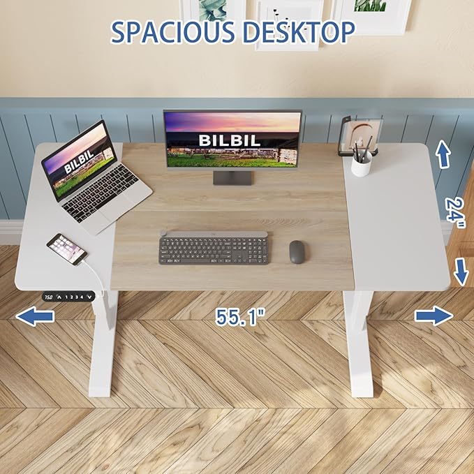 bilbil Height Adjustable Electric Standing Desk 55 x 24 Inches Sit Stand up for Work Office Home Ergonomic Rising Computer Table with Memory Preset with Splice Desktop (Oak White)