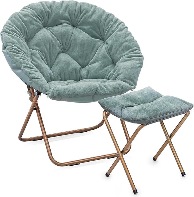 Athena Collection Round Saucer Chair with Ottoman Set for Adults Oversize Comfy Cozy Faux Fur Folding Reading Chair with Metal Leg Lazy Relaxing for Living Room Bedroom Dorm Apartment Teal