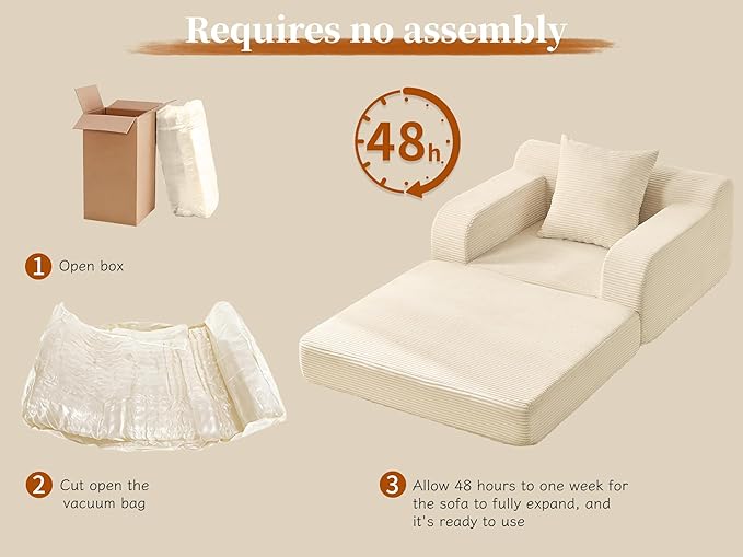 wanan 40 W Folding Sofa Bed 2-in-1 Convertible Bed Sofa to Boneless Sleeper Chair for Adult Comfy Armchair with Back Support Armrests and Pillow for Living Room Bedroom Single Beige | Easy-Conv