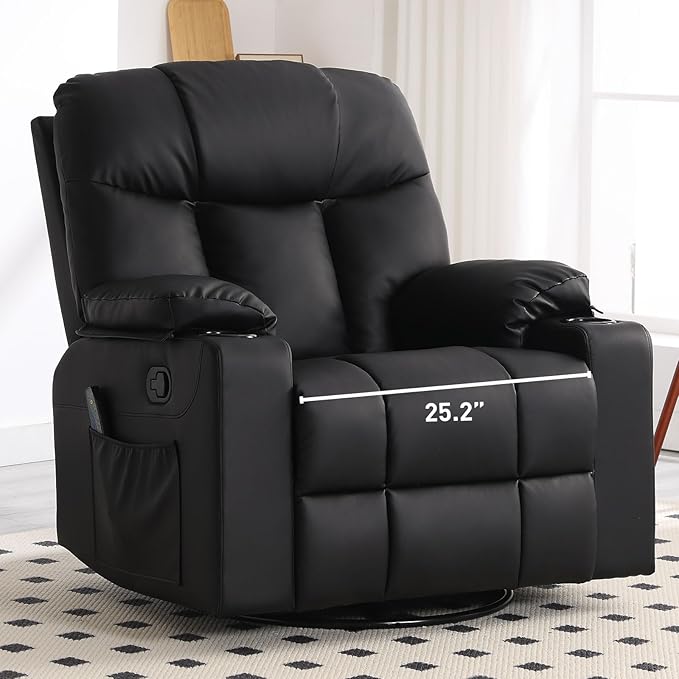 Bonzy Home Oversized Swivel Rocker Recliner 40 Rocking Recliner Chair with Heated and Massage PU Leather Single Sofa with Swivel Function 2 Cup Holders for Living Room Bedroom Black