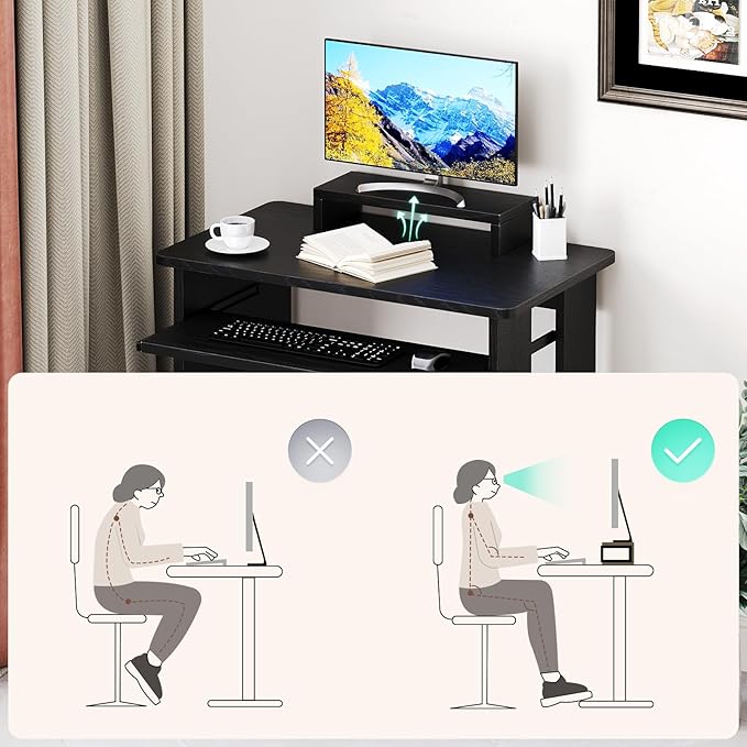 30 Inch Gaming Desk Computer Desk with Keyboard Tray Monitor Stand Storage Shelves CPU Stand Industrial Small Desk for Small Spaces Home Office Desk Black