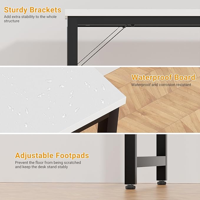 55 Inch Computer Desks with Power Outlets and USB Charging Ports Modern Office Desk for Small Spaces Sturdy Laptop PC Gaming Writing Table for Students White and Black