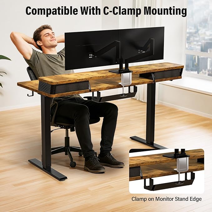 Kingant 55 x 24 Inch Electric Standing Desk with 4 Drawers Height Adjustable Sit to Stand Computer Desk with Storage Shelf and C-Clamp Mount Compatibility for Home Office Rustic Brown