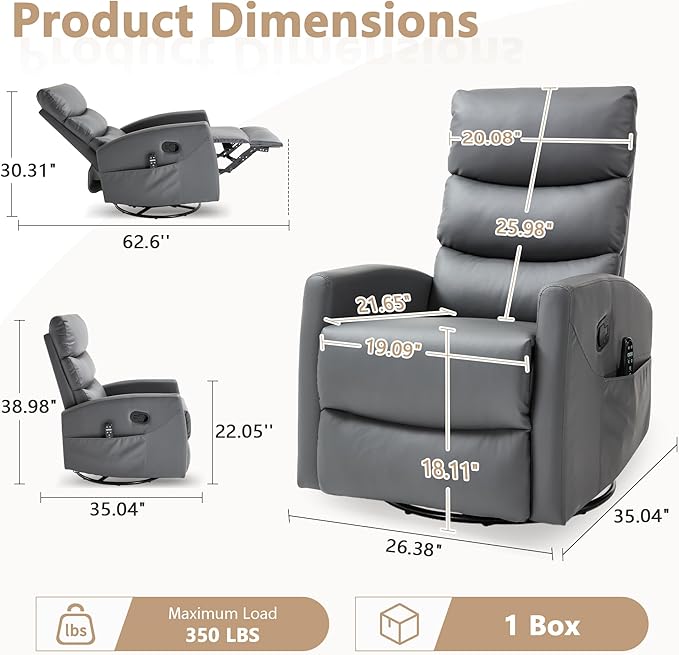 cinkehome Small Swivel Rocker Recliner Chair with Heated Massage Upholstered Nursery Glider Recliner Chair High Back Side Pocket (Grey PU Leather)