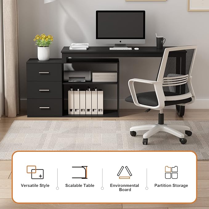 FUFU&ampGAGA 55.1 Large L-Shaped Office Desk with 41.3 File Cabinet Corner Computer Desk with 3 Drawers &amp 2 Shelves Workstation Executive Desk with Storage Shelf for Home Office - Black