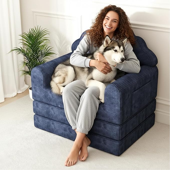 2-in-1 Folding Sofa Bed with Back Support 75 D x 34 W Convertible Futon Sleeper Chair for Adult Fold Out Bean Bag Floor Foam Lounger Couch for Living Room Bedroom Small Space Navy Blue