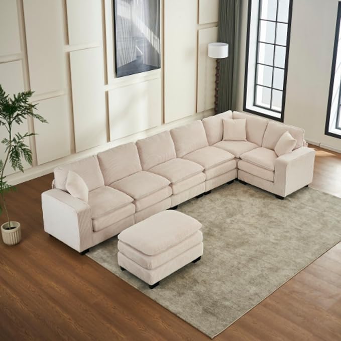 Modern U Shaped 6-seat Sectional Sofa Couch with one Ottoman and Three toss PillowsModular Sofa for Living RoomCorduroy Sofa (WhiteCorduroy-7 Seat)
