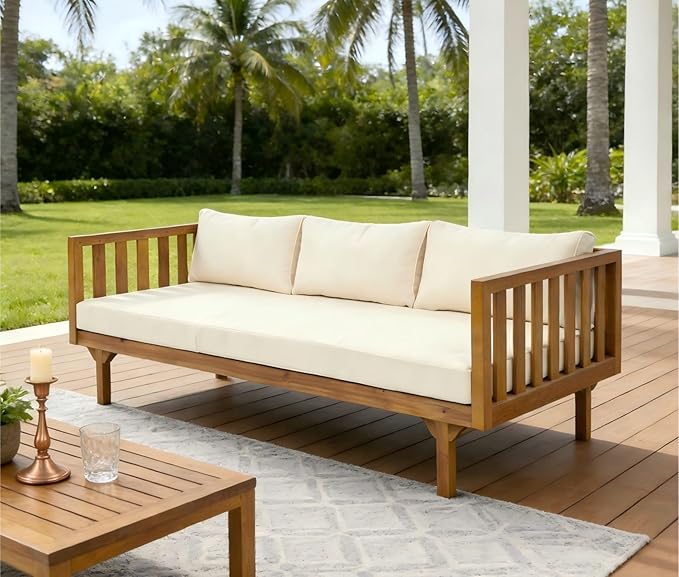 Merax Solid Acacia Wood Couch Chaise Lounge Chair Indoor 3 Seater Daybed Sofa Couches with Cushions &amp Pillow Heavy Frame Day Bed for Living Room Office Outdoor Balcony Patio Water Resistant