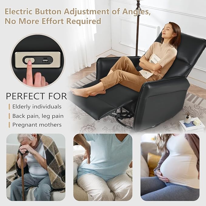 cinkehome Power Swivel Rocker Recliner with USB Overstuffed Electric Reclining Chair Faux Leather Rocker Recliner for Nursery Living Room Black