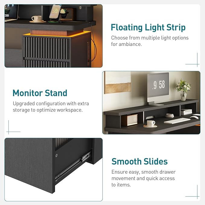 59 Executive Desk with Drawer Fluted Computer Desk with File Drawer &amp Monitor Stand Home Office Desk with Power Outlet LED Light Modern Fluted Computer Writing Desk with Storage Black