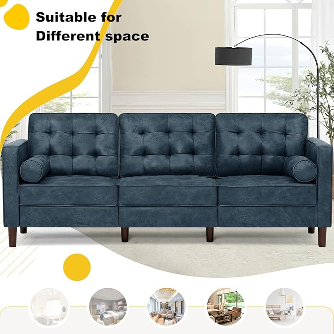 84 Suede Leather Sofa with 2 Soft Pillows Tufted Modern Sofa with Sturdy Wooden Legs 3 Seats Couch for Living Room Office Bedroom Blue