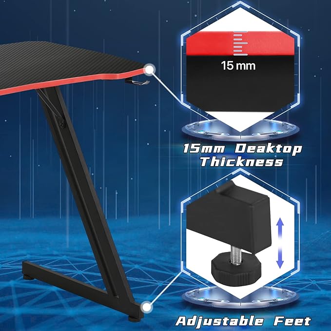 Dkelincs 35 inch Gaming Desk Z-Shaped Computer Desk PC Computer Table Home Office Desk Ergonomic Gamer Workstation with Headphone Hook Red