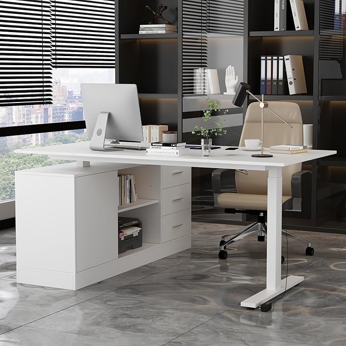 Homsee Home Office L Shaped Electric Standing Desk with Drawers and Shelves Height Adjustable &amp Shape Reversible Stand up Desk 63 Computer Executive Corner Table White