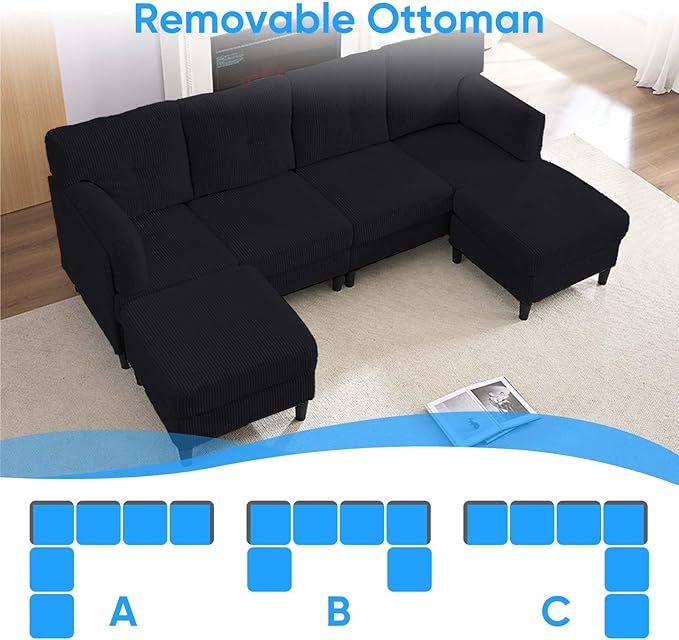 Mjkone Sectional Sofa Couch with Ottoman U Shape Sofa for Living Room Corduroy Convertrible Couches with Double Chaises 6 Seater Sofas for Living Room/Home Office/Guest (Black)