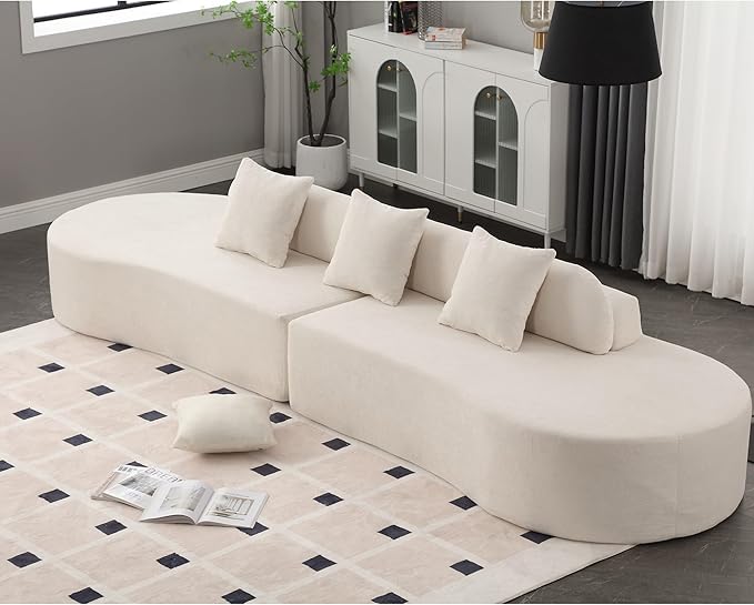 Modern Curved Cloud Sofas with Three Pillows Terrycloth Fabric Upholstered Sofa Combination Sofa Comfy 4 Seat Modular Sofa Minimalist Sofa in Living Room Apartment (Beige *172)