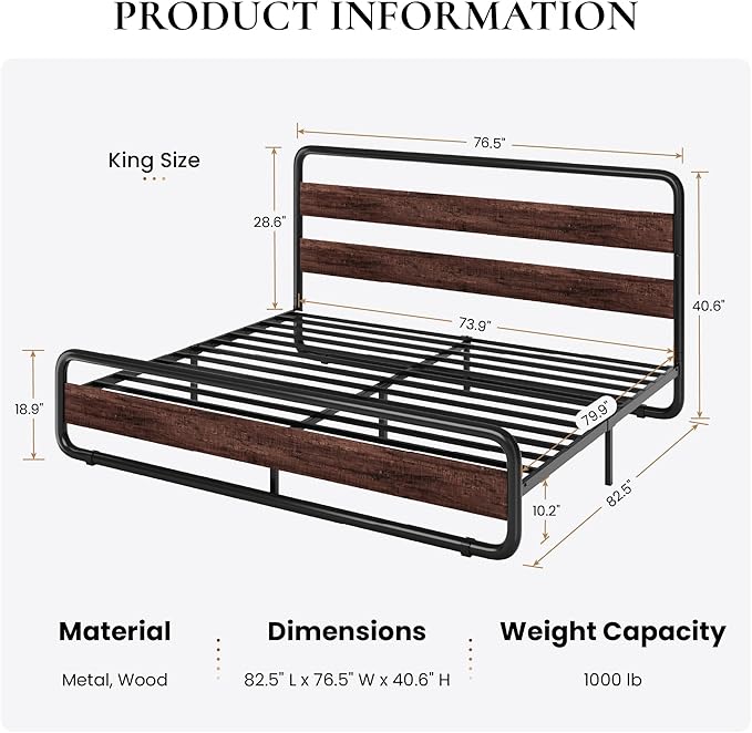SHA CERLIN King Size Metal Bed Frame with Wooden Headboard and Footboard Heavy Duty Platform Bed Frame with 10 Under-Bed Storage Noise-Free No Box Spring Needed Mahogany