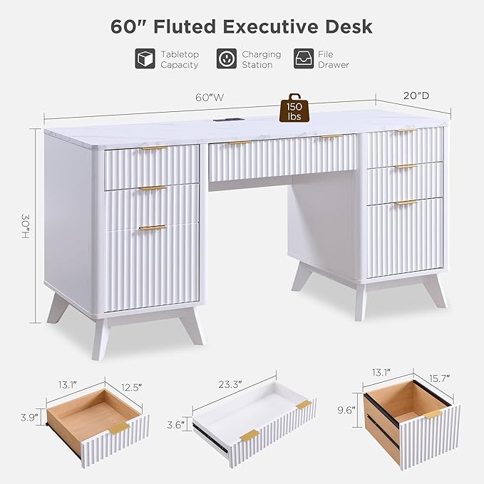 T4TREAM Fluted Executive Desk with Drawers 60 Modern Home Office Computer Desk with Charging Station File Cabinet Keyboard Tray and Storage Cabinet for Study Living Room Bedroom Solid White