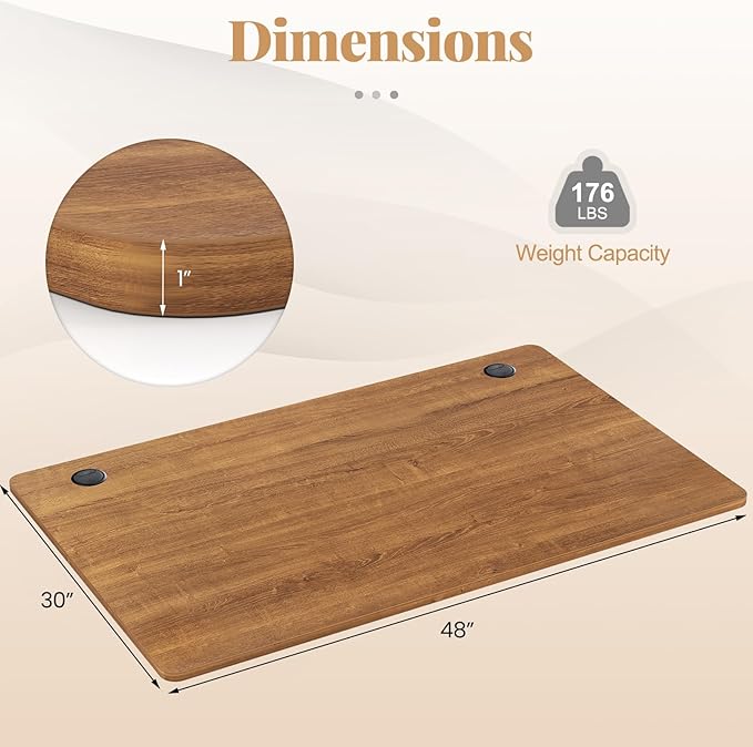 Tangkula Universal Wood Table Top 48” x 30” Solid One-Piece Desktop for Standard &amp Sit to Stand Desk Frame Rectangular Workbench Top Board with Cable Holes Countertop DIY Coffee Bar Tabletop