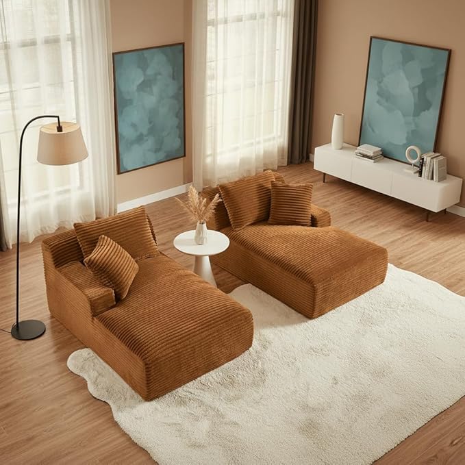 79 Double Chaise Lounge Chair Indoor: Oversized Comfy Corduroy Upholstered Boneless Couch with 4 Pillows for Living Room Bedroom and Apartment Deep Seat Sleeper Sofa 2-Seat Brown