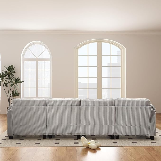 115 Modular Sectional U Shaped Corner Sofa with Movable Ottoman Corduroy 6-Seater Couches with Thick Cushion for Living Room Grey