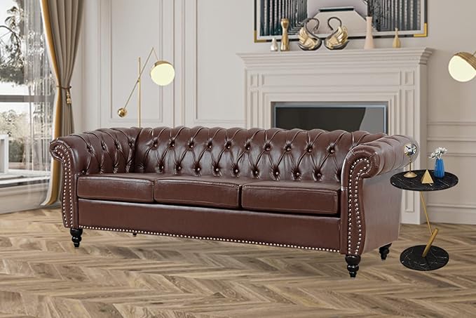 Brown Faux Leather Couch for Living Room Comfy Deep-Seated Chesterfield 3-Seater Sofa for Bedroom Office or Apartment. Luxury Classic Sofa Furniture Tool-Free Assembly.