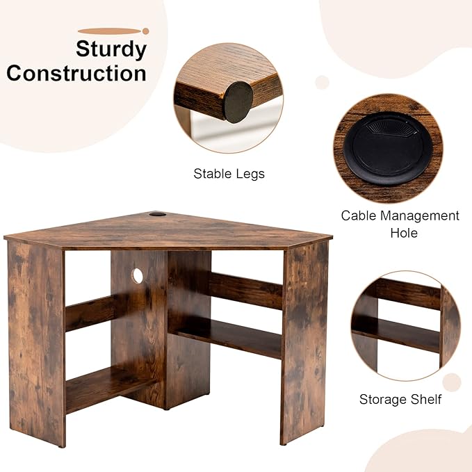 Tangkula Corner Desk 90 Degrees Triangle Computer Desk for Small Space Bedroom Makeup Vanity Desk with Storage Shelves &amp CPU Stand Space Saving