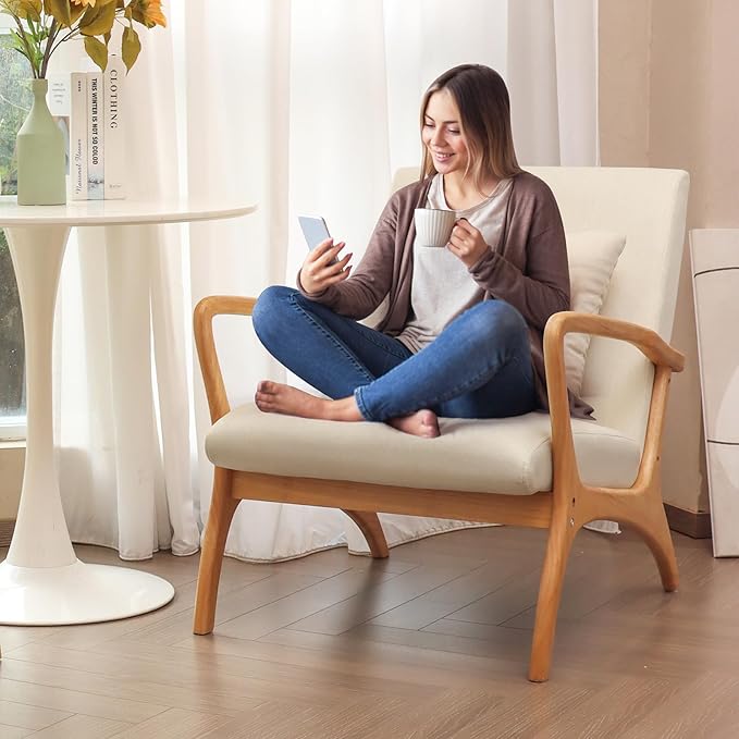 ELUCHANG Accent Chair with Lumbar PillowMid-Century Modern Armchair Linen Fabric Comfy Reading Lounge Side Chair for Living Room Bedroom ApartmentEasy Assembly(Beige)
