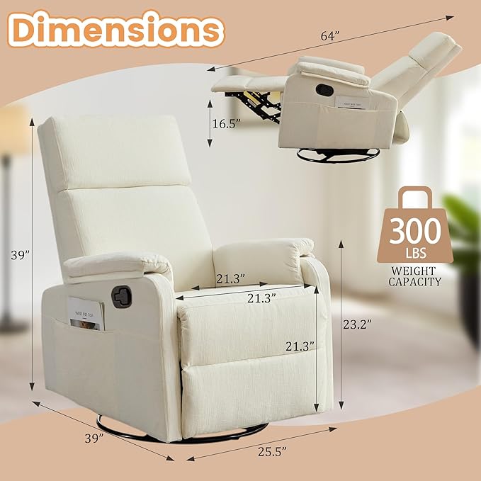 Swivel Rocking Recliner with Massage Small Glider Chair for Nursery Modern-Designed Armrests Chair for Adults Living Room Chenille Beige