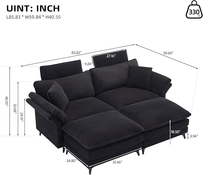 Deep Seat Sectional Sofa Comfortable Cloud Sofa with Ottomans loveseat Sofa 85.8''Modern Corduroy Upholstered Sectional Sofa for Living Room Apartment Studio Office (Black)