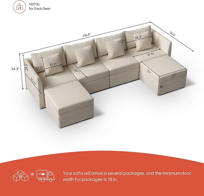 VOLUNCE Modular Sectional Sofa Convertible U Shaped Couch with Storage Ottoman Throw Pillow 4 Seat Sofa Set with Double Reversible Chaises Sectional Sleeper Sofa Bed for Living Room Beige