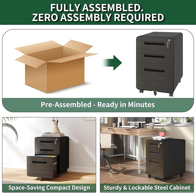 3 Drawer Mobile File Cabinet with LockUnder Desk Metal Filing Cabinets for Home Office Organizer Letters/Legal/A4 Fully Assembled (Black)