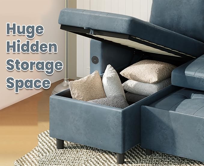 Leather Sleeper Sofa 83.5'' Sofa Bed with Storage Chaise Pull Out Couch with USB Cup Holders and Side Pockets L-Shaped Convertible Couches for Living Room-Faux Leather Blue