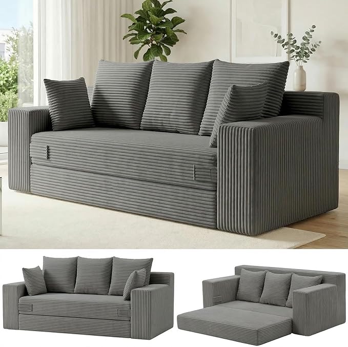 Boneless Couch for Living Room 3 Seater Convertible Futon Sofa Bed Comfy Pull Out Couch with 5 Pillows &amp Detachable Washable Cover Upholstered Floor Sofa in A Box No Assembly Required Grey