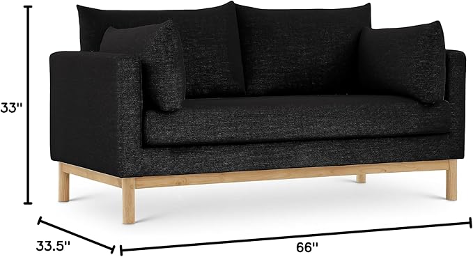Meridian Furniture 157Black-L Langham Collection Mid-Century Modern Linen Textured Fabric Upholstered Loveseat Black Linen Textured Fabric Natural Finish Wood Base 66 W x 33.5 D x 33 H Black