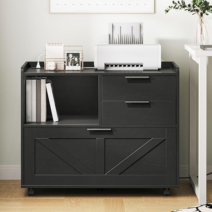 HOOBRO Lateral File Cabinet Wooden Office Storage Drawers with Charging Station Filing Cabinet for Home Office A4/Letter/Legal-Sized Files Printer Stand with Open Storage Spaces Black BB37UWJ01