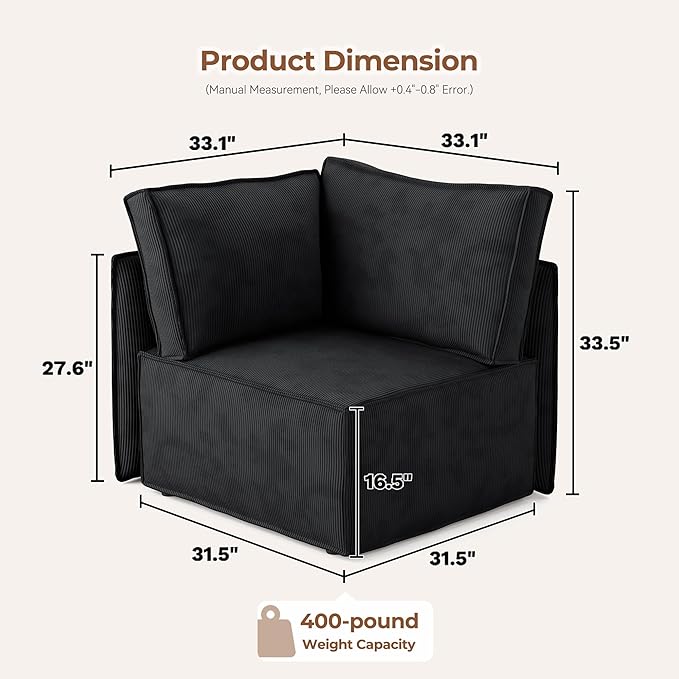 Luxuly Modular Sectional Corduroy Sofa Set L Shaped Couch Reversible Chaise Modular Sectional Couch Mix and Match Pieces Corner Sofa Black