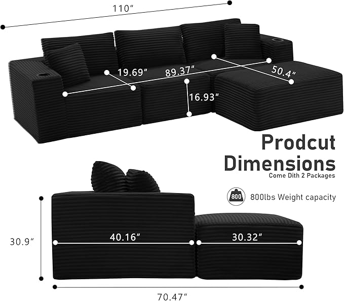 110”Modular Sectional SofaCloud Boneless Couch with Deep SeatModern Modular L-Shape Sofa Couch with 0ttomanUpholstered Couches for Living Room Bedroom (Black)