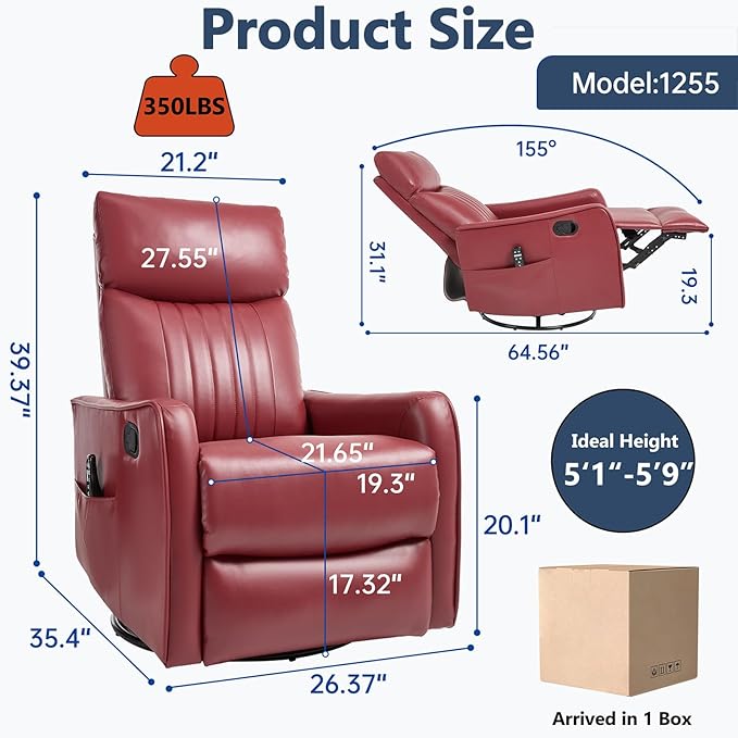 Massage Recliner Chair with Heat Slim Recliners for for Adults Swivel Rocking Chair Recliner with High Back Small Recliner Chair for Small Spaces Living Room Adjustable Footrest (Wine Red)