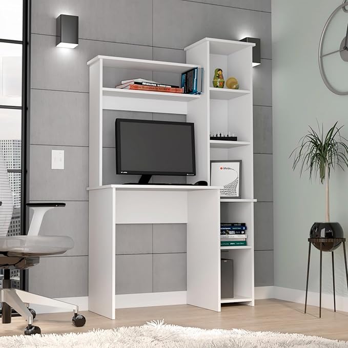 Hassyee Modern Design Home Office Desk with Five Open Shelves for Books Decor or Files Small Space Makeup Vanity Table Study Writing Desk for Bedroom