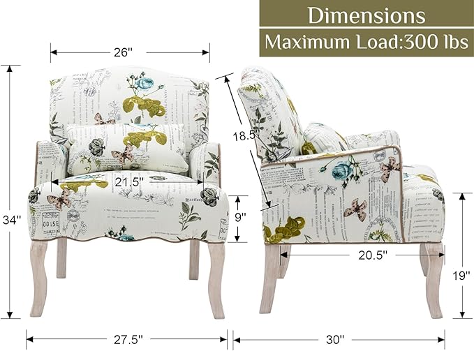 Floral Accent Chairs Set of 2 Farmhouse Upholstered Armchair Reading Chair Mid Century Modern Single Sofa Chair with Pillow for Bedroom/Living Room/Fireplace Beige&ampGreen Butterfly Pattern