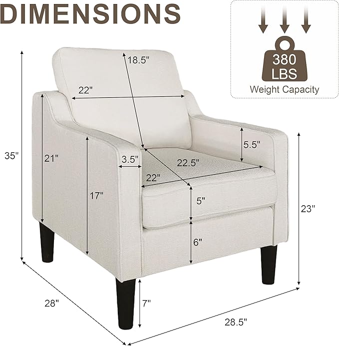 Comfy Accent Chair with 115° Ergonomic Back Support 5.5 Thick Spring Cushion Armchair for Living Room Mid Century Modern Chenille Reading Chair 380lbs Capacity (White)