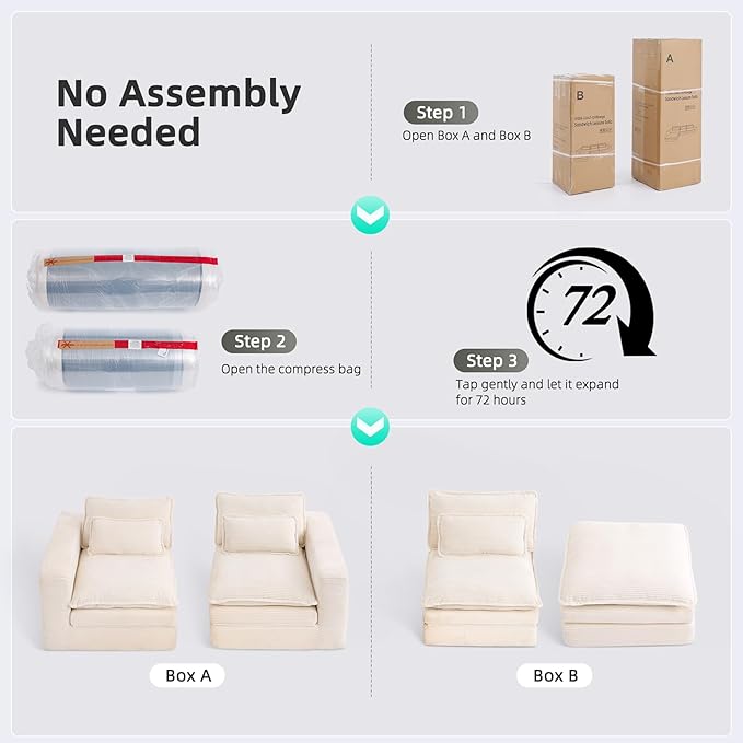 109 Sectional Couches Boneless Modular Sofa for Living Room with Ottoman | No Assembly Required Sofa Bed L shaped Couch | Corduroy Deep Seat Couch with Double Layer Cushion &amp Removable Cover | Be