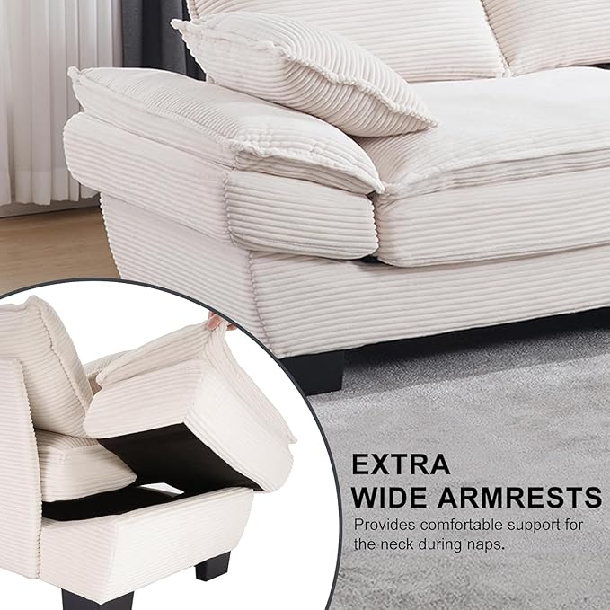 90 Oversized Loveseat Sofa Modern Corduroy Loveseat Couch Comfy Deep Seat Upholstered Sectional Sofa with Pillows for Living Room Bedroom Apartment (Beige)