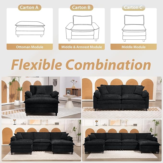 Oversized Modular Sectional Sofa 111.8 Inch U Shaped Cloud Couch Set 3-Seat Comfy Chenille Convertible Sofa with 2 Movable Ottoman DIY Combination Sleeper Couch for Living Room Black