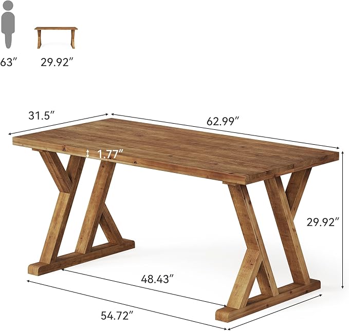 63 Solid Wood Executive Desk for Home Office Farmhouse Wooden Large Office Computer Desk Writing Study Table Business Workstation with X Shaped Legs Rustic Brown